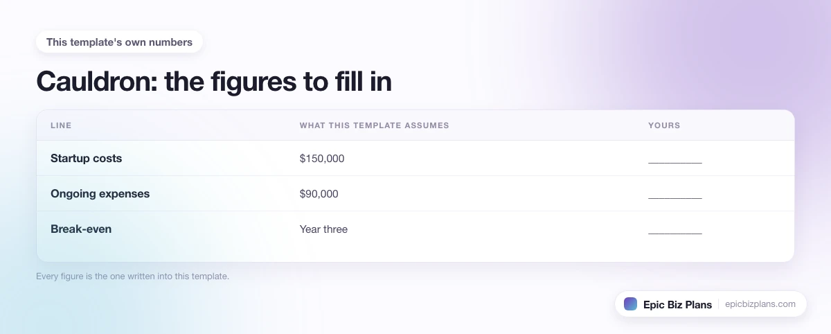 The startup cost, projected revenue and ongoing expenses this Cauldron template assumes, with a blank column to fill in.