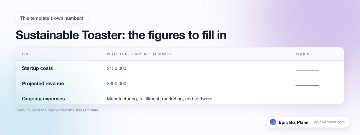 The startup cost, projected revenue and ongoing expenses this Sustainable Toaster template assumes, with a blank column to fill in.