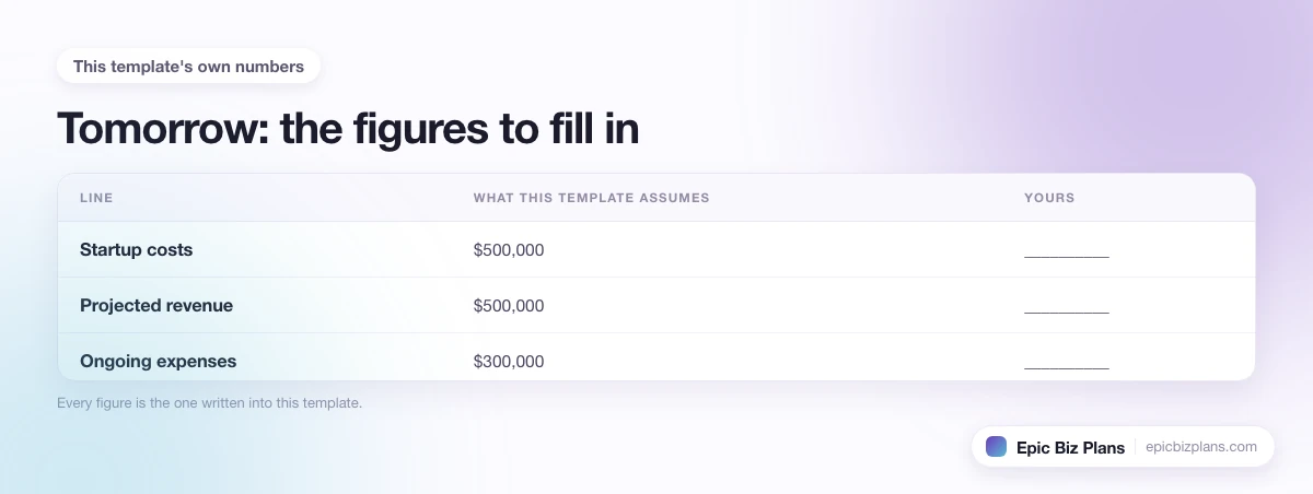 The startup cost, projected revenue and ongoing expenses this Tomorrow template assumes, with a blank column to fill in.